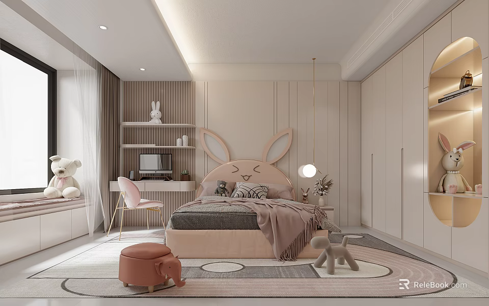 Cozy Kids Bedroom With Rabbit Shaped Headboard Bed Stuffed Bear Pink Chair And Round Rug 3d model 