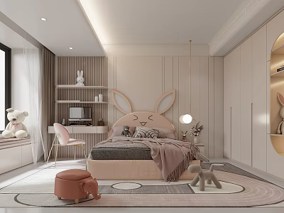 Cozy Kids Bedroom With Rabbit Shaped Headboard Bed Stuffed Bear Pink Chair And Round Rug 3d model