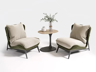 Modern Leisure Chairs With Beige Cushions Dark Frame And Small Round Table With Green Plant 3d model
