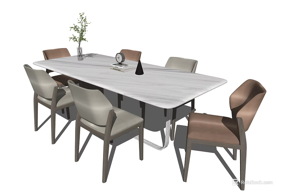Modern Dining Table Set With Rectangular Marble Top Six Gray Brown Chairs And Decorative Vase Clock 3d model