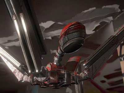 Sci Fi Robot Character With Bloodstained Red Head Metallic Structure In Damaged Wall Graffiti Background 3d model