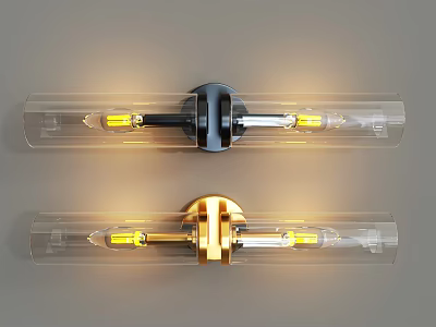 Two Modern Wall Lamps With Transparent Glass Shades Black And Gold Bases Warm Yellow Lighting 3d model