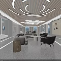 Modern Exhibition Space Interior With Wooden Strip Ceiling Circular Light Strips Sofa And Display Cabinets
