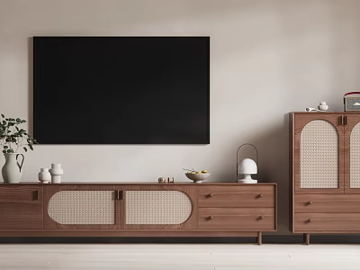 Modern Wooden TV Stand With Rattan Doors Drawers And Wall Mounted TV Decorative Accents 3d model