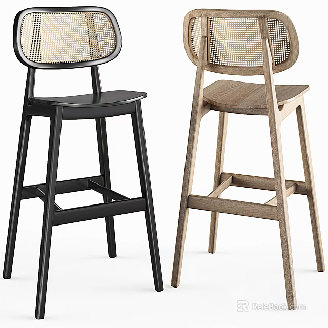 Modern Bar Stools With Woven Backrest In Black And Natural Wood Design 3d model 