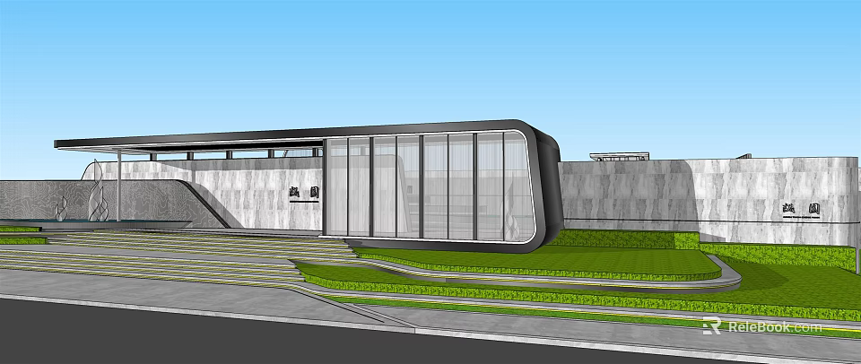 Modern Entrance Gate With Glass Curtain Wall Stone Wall Steps And Lawn Design 3d model 