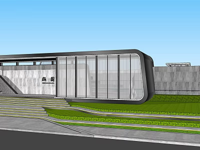 Modern Entrance Gate With Glass Curtain Wall Stone Wall Steps And Lawn Design 3d model