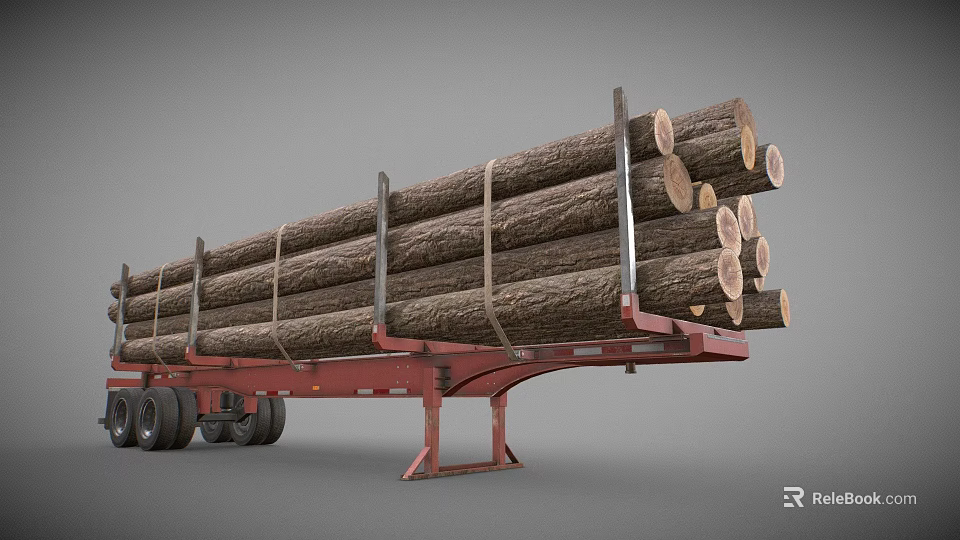 Red Trailer Loaded With Stacked Large Natural Wooden Logs For Transport 3d model 