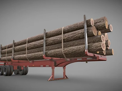 Red Trailer Loaded With Stacked Large Natural Wooden Logs For Transport 3d model