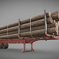 Red Trailer Loaded With Stacked Large Natural Wooden Logs For Transport