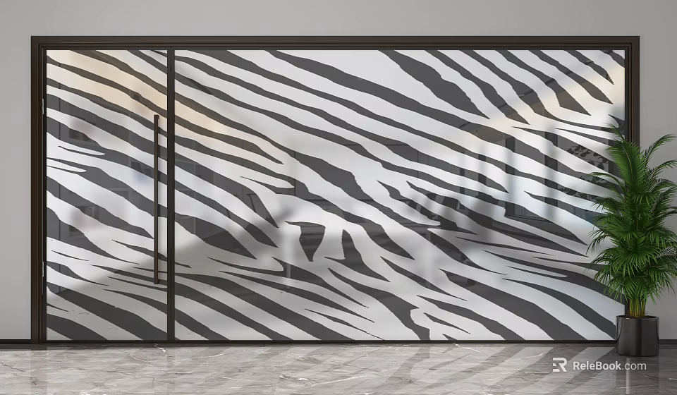 Modern Interior Glass Partition With Zebra Striped Pattern And Metal Frame 3d model 