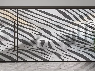 Modern Interior Glass Partition With Zebra Striped Pattern And Metal Frame 3d model