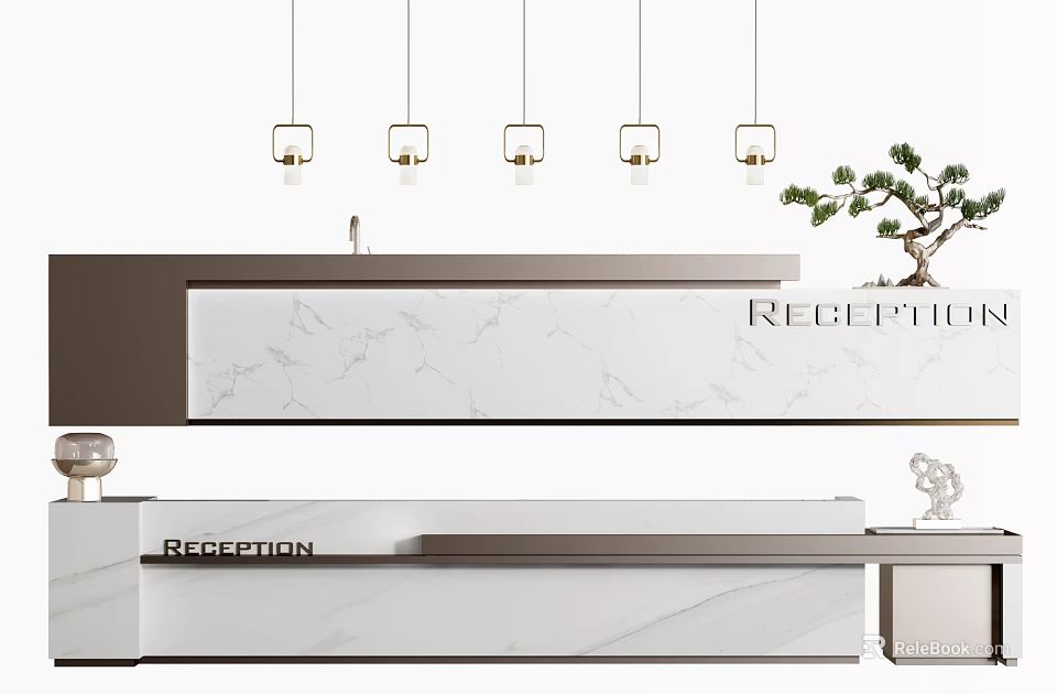 Modern Reception Desk with Marble Surface and Hanging Lights and Green Plant 3d model 