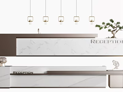 Modern Reception Desk with Marble Surface and Hanging Lights and Green Plant 3d model