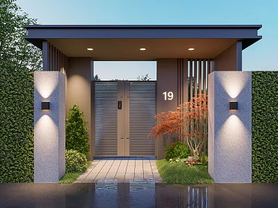 Modern Building Exterior Wall Featuring Entrance Gate Number 19 Green Hedge Walls And Wall Lamps 3d model