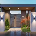 Modern Building Exterior Wall Featuring Entrance Gate Number 19 Green Hedge Walls And Wall Lamps