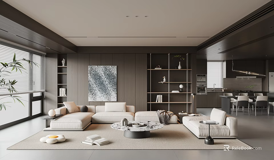 Modern Open Plan Living And Dining Area Interior 3d model 