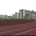 Modern School Campus Featuring Red Running Track Green Lawn White Buildings And Glass Windows