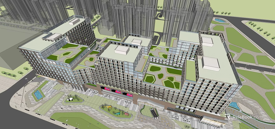 Modern Commercial Complex With High Rise Buildings Green Roofs And Open Spaces 3d model 