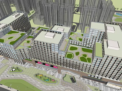 Modern Commercial Complex With High Rise Buildings Green Roofs And Open Spaces 3d model