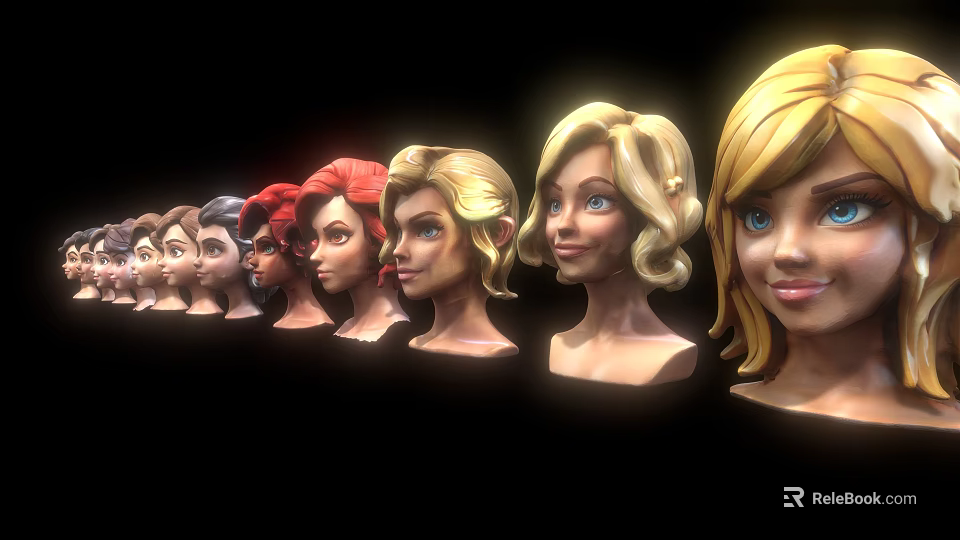 Women Portraits With Different Hairstyles And Hair Colors Arranged In Row 3d model 
