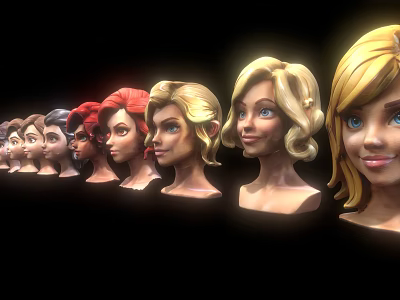 Women Portraits With Different Hairstyles And Hair Colors Arranged In Row 3d model