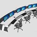 Modern Long Office Desk With Multiple Computer Monitors Arranged And Office Chairs 3d model