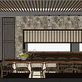 Traditional Restaurant Interior With Long Wooden Tables Rattan Chairs And Pendant Lights