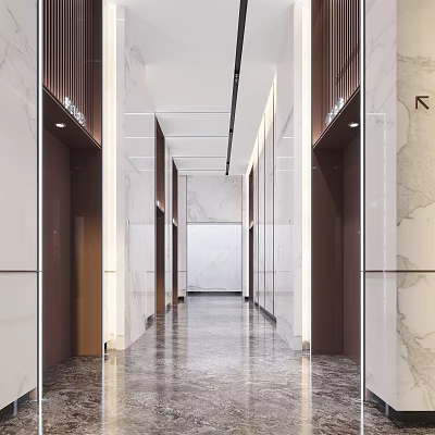 Modern Elevator Corridor with Marble Walls Sleek Flooring and Recessed Lighting 3d model