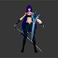 Anime Style Female Character With Purple Long Hair And Blue Sword In Combat Outfit