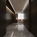 Modern Hotel Corridor With Dark Wood Panel Walls Recessed Ceiling Lights And Marble Flooring