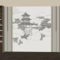 Chinese Style Background Wall Featuring Black White Pavilion Landscape Patterns And Wooden Cabinets With Ornaments