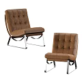 Modern Brown Leather Single Sofa With Button Tufted Backrest And Metal Legs