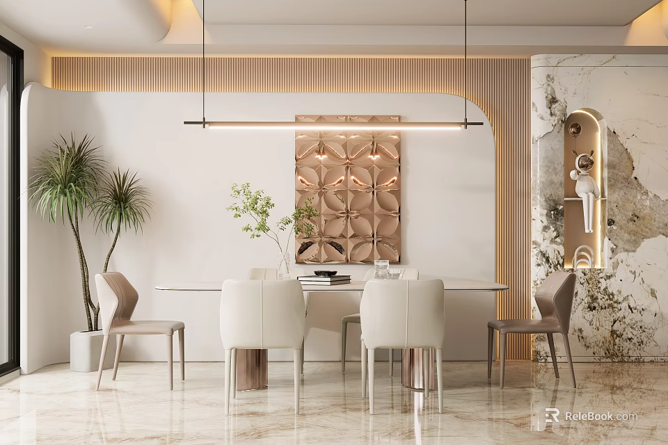 Elegant Modern Dining Table Set With White Table Leather Chairs Geometric Panel And Potted Plants 3d model 