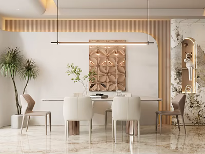 Elegant Modern Dining Table Set With White Table Leather Chairs Geometric Panel And Potted Plants 3d model
