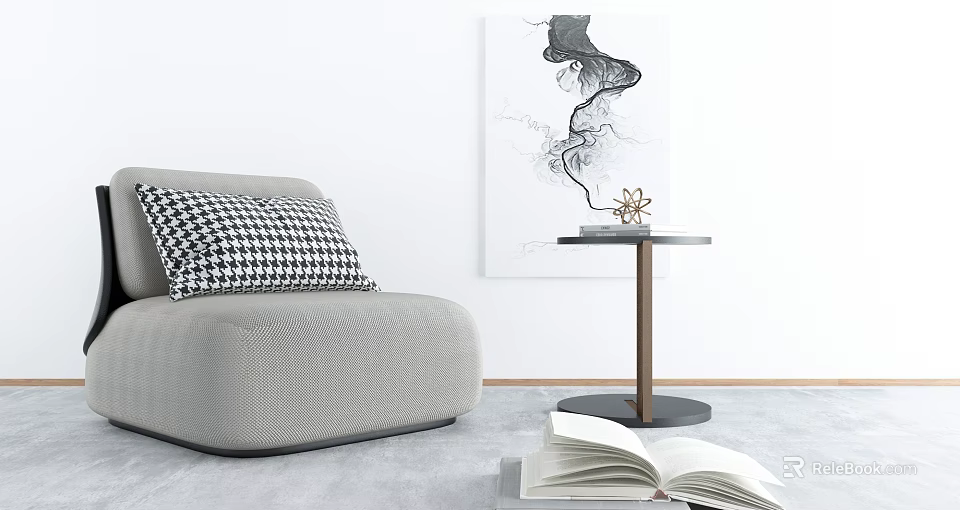 Modern Grey Single-seater Sofa With Houndstooth Pillow Knitted Texture Side Table And Open Book 3d model