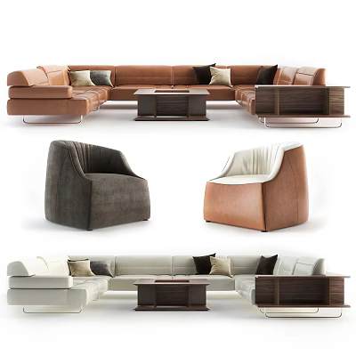Modern Sectional Sofa Coffee Table Set With Leather Upholstery And Wooden Frame Design 3d model