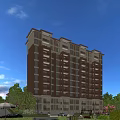 Modern Mid Rise Residential Building With Red Brick Facade Large Windows Trees And Mountain View