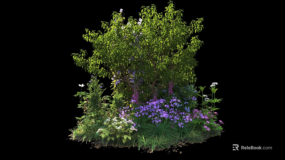 Garden Shrubs With Lush Green Leaves Purple White Flowers And Vibrant Green Grass 3d model 