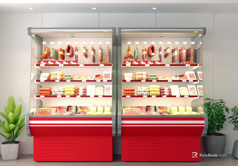Red Upright Display Freezers with Various Meat Sausages Open Display and Decorative Plants 3d model 