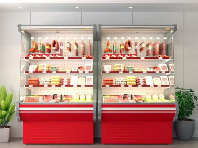 Red Upright Display Freezers with Various Meat Sausages Open Display and Decorative Plants 3d model