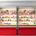 Red Upright Display Freezers with Various Meat Sausages Open Display and Decorative Plants