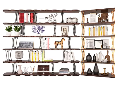 Multilayer Wooden Metal Shelving Units with Books Decorative Items Plants Photo Frames and Vases 3d model