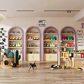 Colorful Pet Store Interior With Purple Arched Shelves Pet Food Supplies Cactus Decorations And Toys
