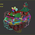 Red Traditional Building With Green Roof On Floating Island Torii Gate And Pink Tree