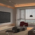 Modern Living and Dining Area With Sofa Coffee Table Bookshelf Floor Lamp and Plants