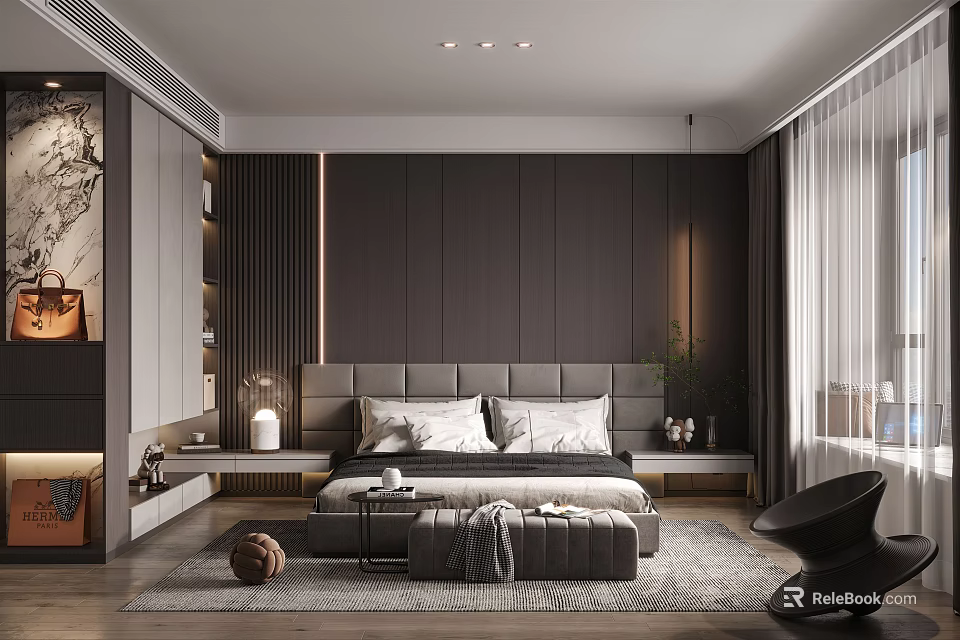 Modern Bedroom Interior Design With Dark Wall Bed Nightstand Rug And Window Curtains 3d model 