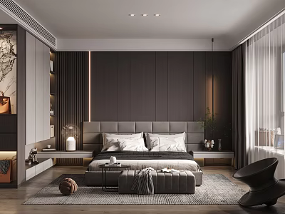 Modern Bedroom Interior Design With Dark Wall Bed Nightstand Rug And Window Curtains 3d model