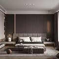 Modern Bedroom Interior Design With Dark Wall Bed Nightstand Rug And Window Curtains