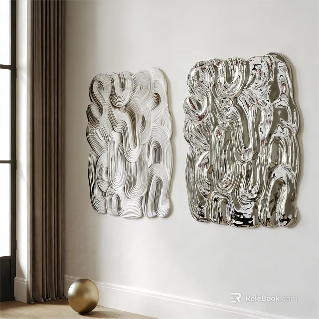 Modern Metallic Wall Decor with Wavy Reflective Surfaces Mounted on White Wall 3d model 